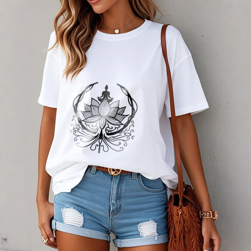 Female model in white spiritual Buddha lotus t-shirt paired with denim shorts casual style