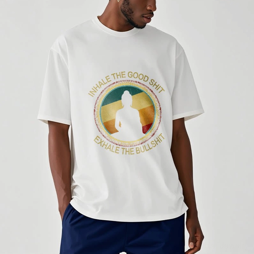 Male model wearing white Buddhist meditation t-shirt with front graphic, neutral backdrop upper body