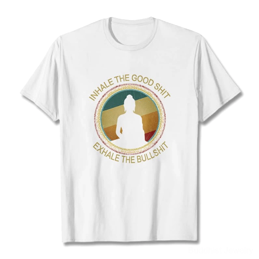 White mindfulness Buddha meditation cotton t-shirt front flat lay with retro print on light background