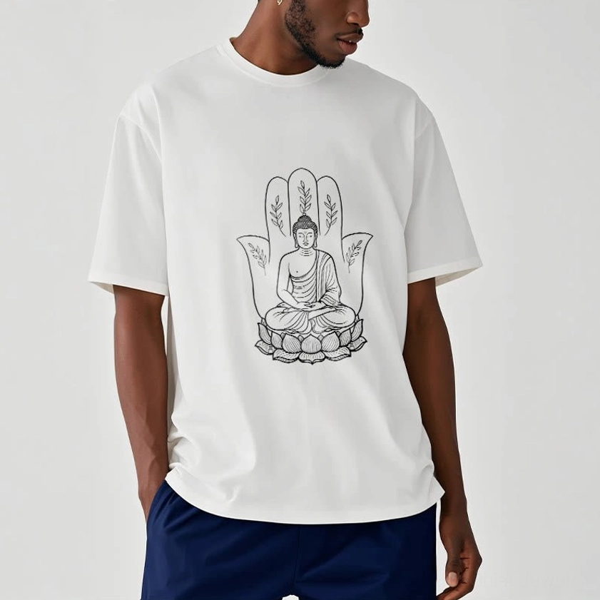 Men wearing white Buddhist meditation lotus hand t-shirt casual daily wear