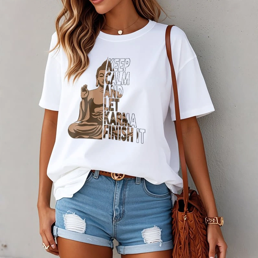 White Buddhist tee styled with denim shorts casual everyday outfit spiritual graphic