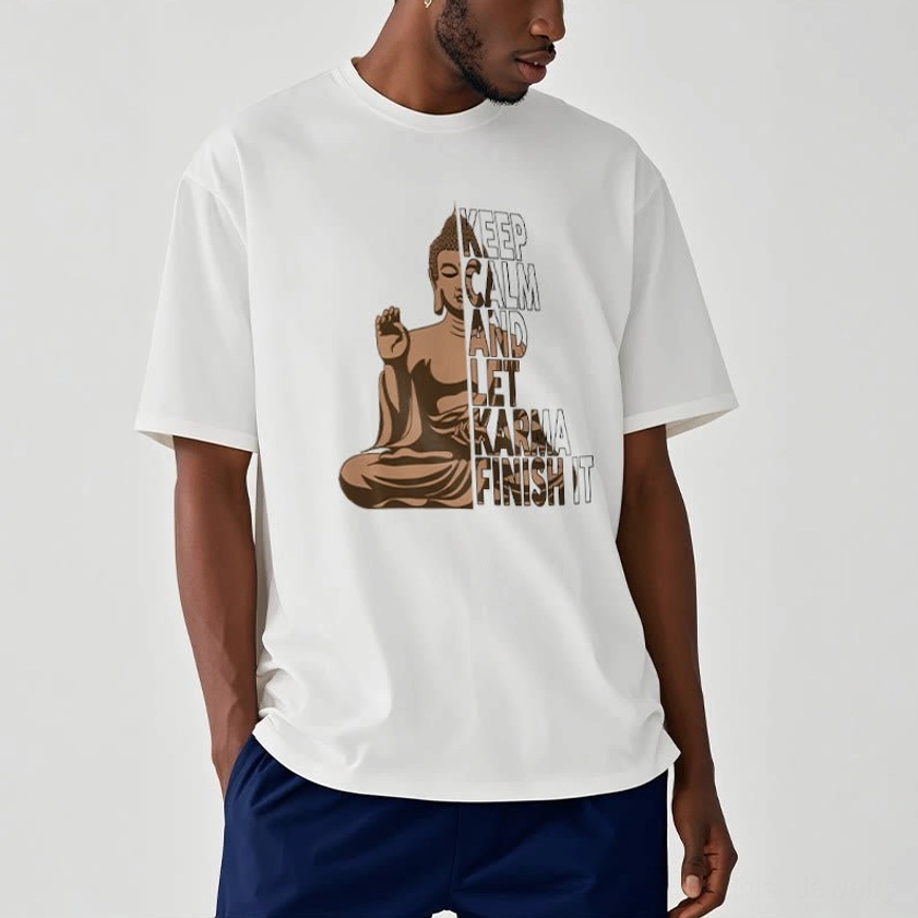 Side view of white Buddhist graphic t-shirt with relaxed fit showing karma and Buddha print