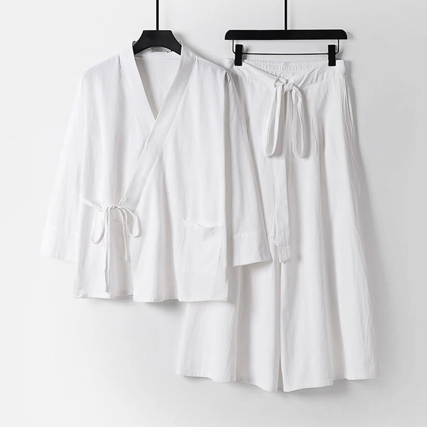 White Buddhist meditation kimono loungewear set for men wrap top and wide-leg pants