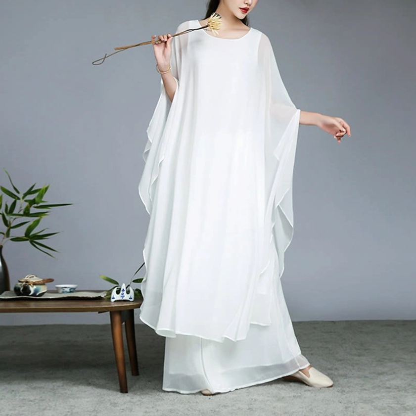 White chiffon Zen meditation yoga outfit front full view with oversized bat sleeves and layered hem for spiritual practice
