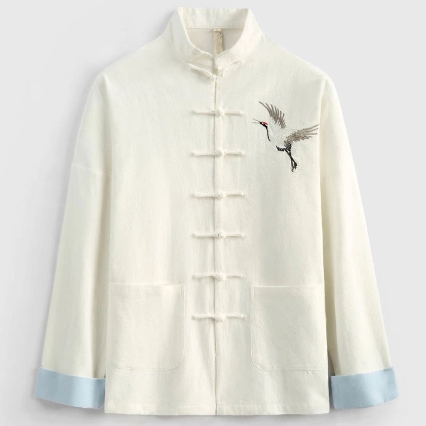 White Tang suit jacket front view with stand collar, chest pocket, and light blue cuffs