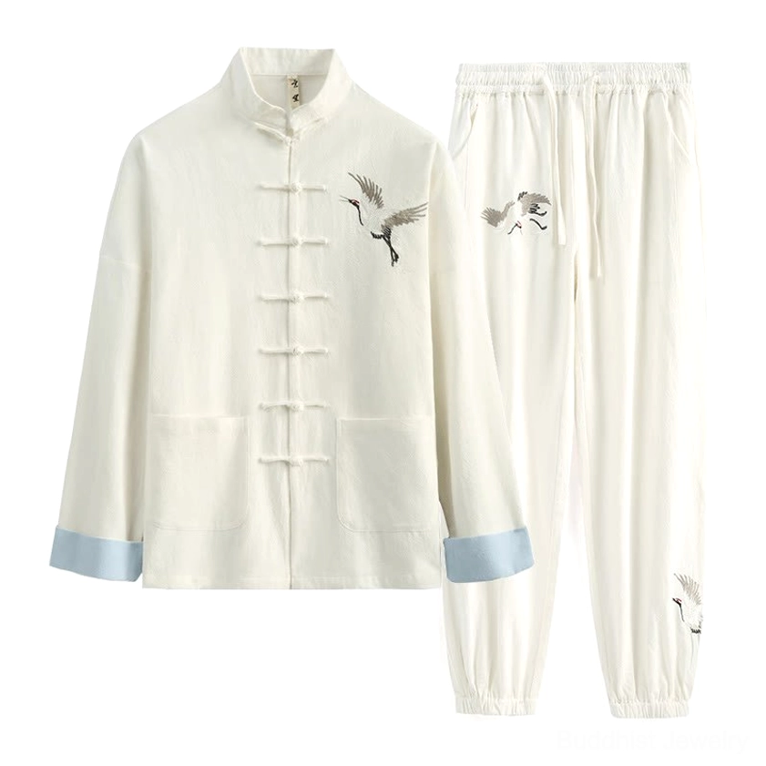 White crane embroidery Tang suit two-piece set for men with light blue contrast cuffs