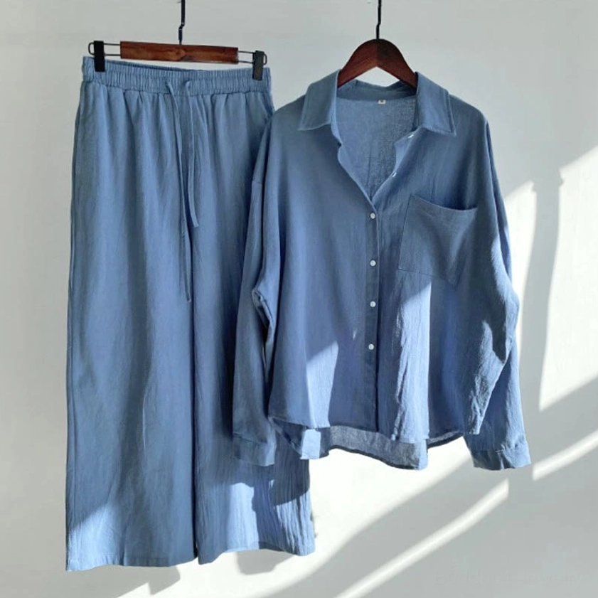 White cream women's meditation cotton loungewear two-piece set hanging display