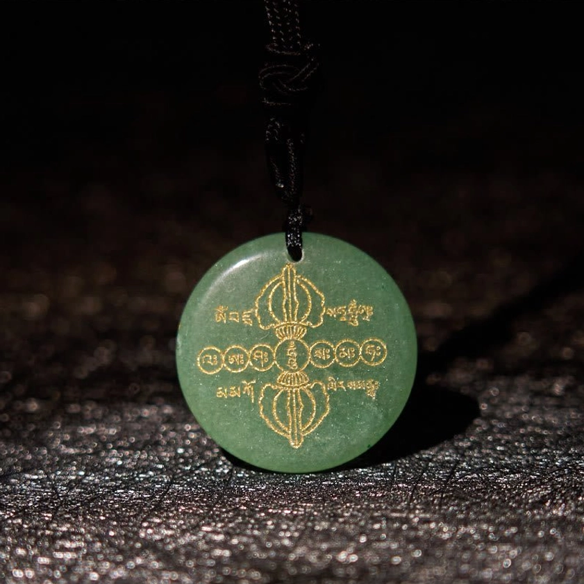 White Crystal Buddhist Pendant with Sanskrit Engravings - Clarity and Meditation Necklace