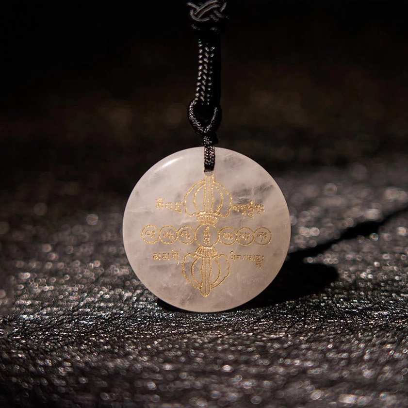 White Crystal Buddhist Necklace Pendant with Gold Sanskrit Symbols - Spiritual Clarity Jewelry