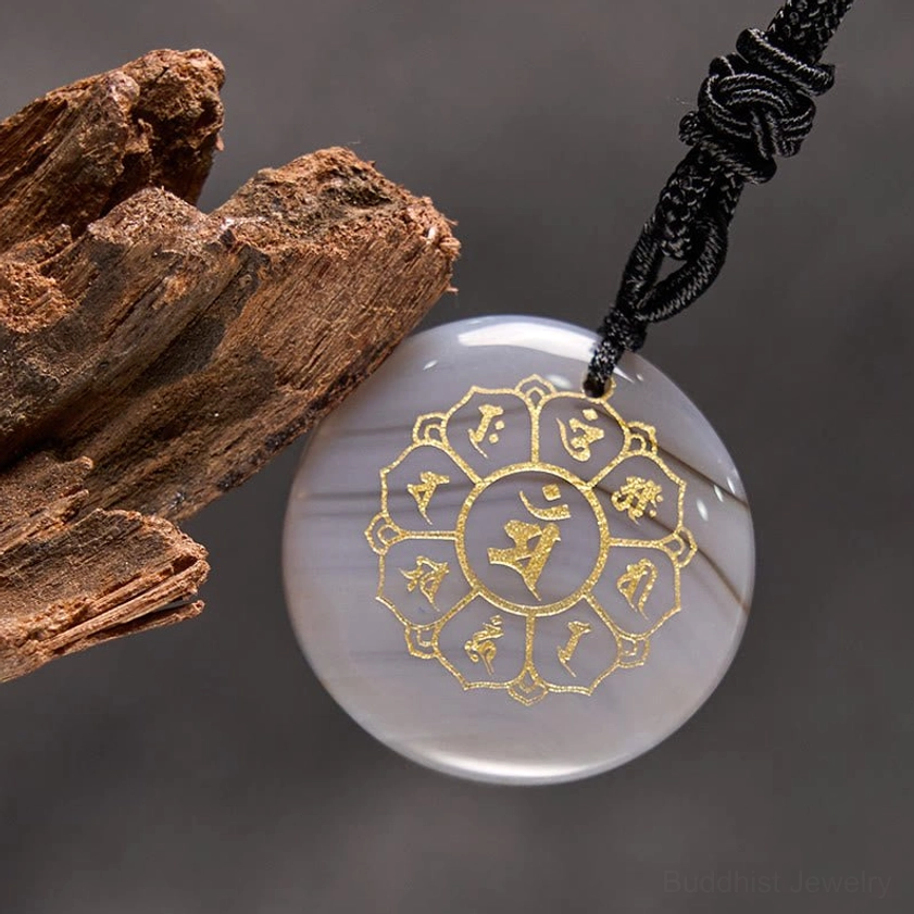 White Crystal Clear Quartz Om Mani Padme Hum Buddhist pendant with gold Sanskrit design clarity focus