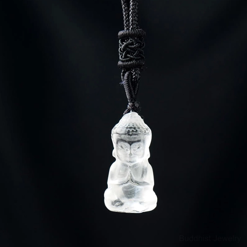 White crystal clear quartz Buddha pendant with black braided necklace - transparent Buddha with adjustable 50cm cord