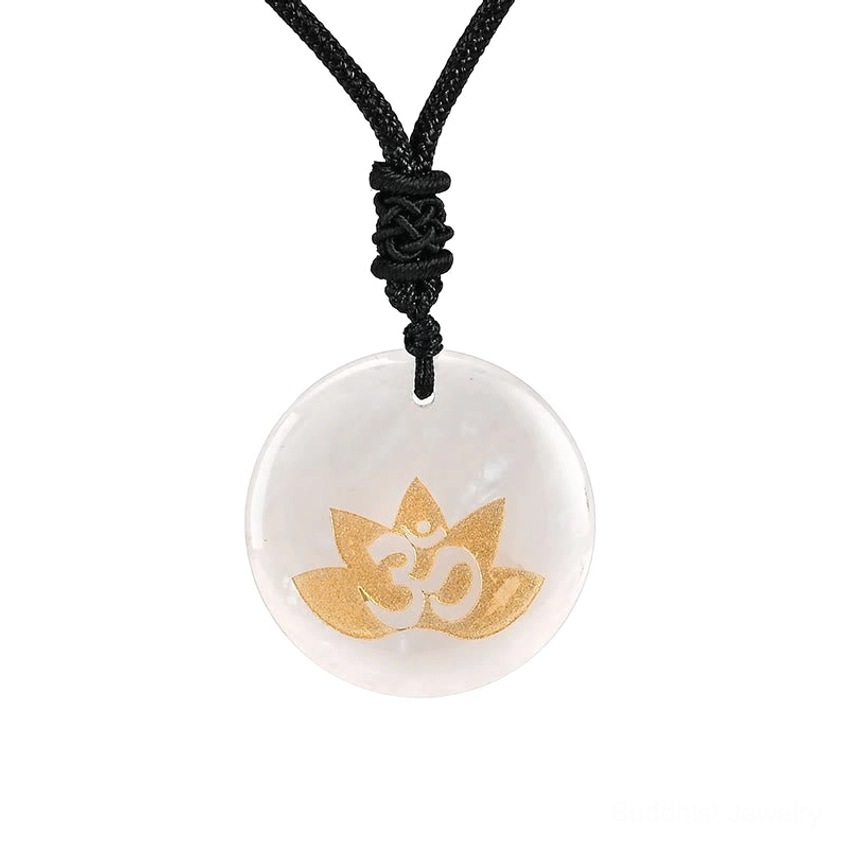 White Crystal OM Lotus healing necklace - clarity and spiritual connection pendant with black cord and gold-stamped lotus design