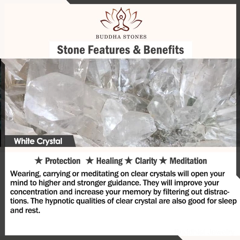 White crystal healing properties infographic with raw clear quartz cluster background highlighting protection, healing, clarity and meditation benefits