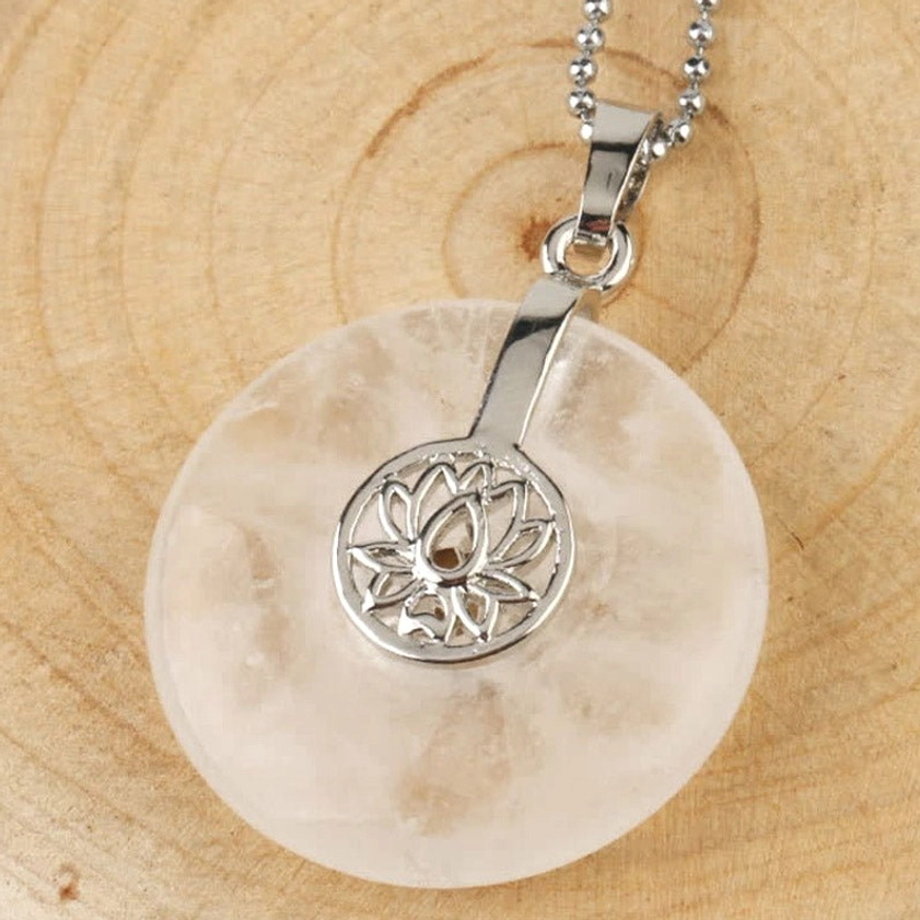 White crystal lotus donut pendant necklace - clear quartz spiritual healing charm