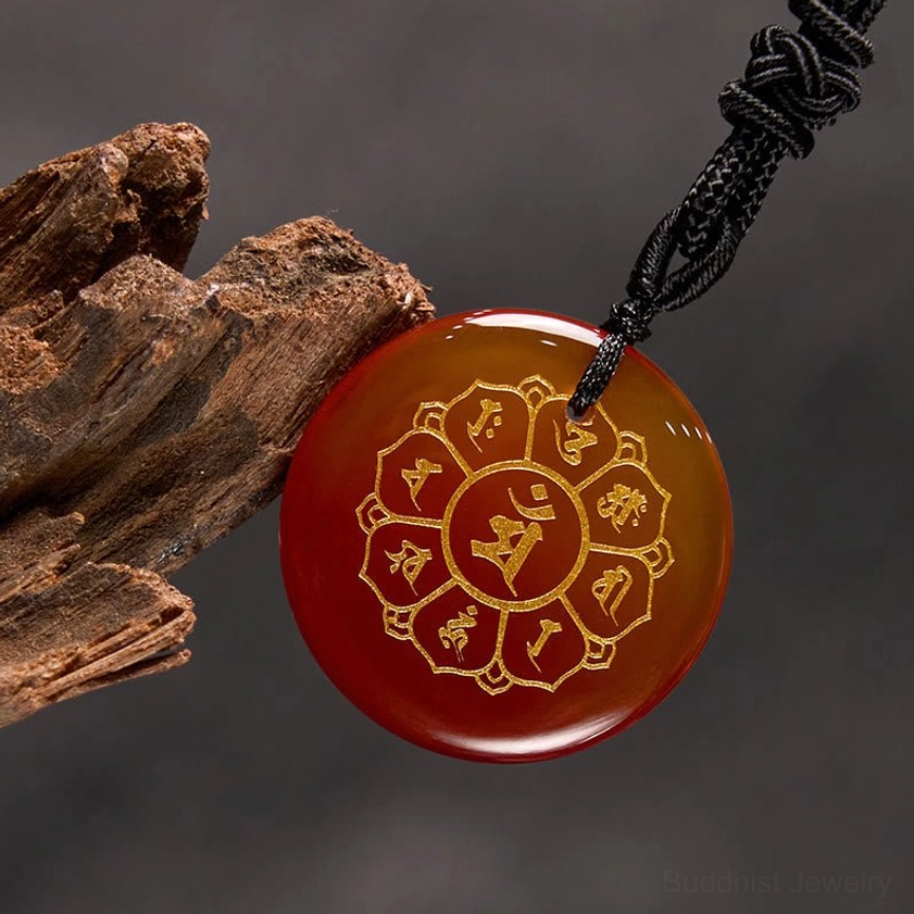 White Crystal Om Mani Padme Hum Buddhist pendant with gold Sanskrit design and natural stone texture