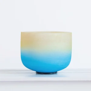 White crystal singing bowl front view with gradient frosted finish and black rubber base for meditation and chakra healing