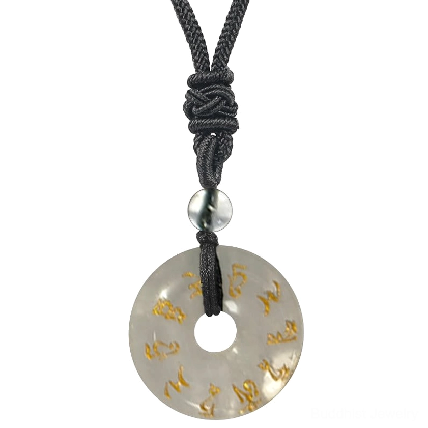 Clear Crystal White Quartz Green Tara mantra pendant with golden Sanskrit characters and black braided necklace cord