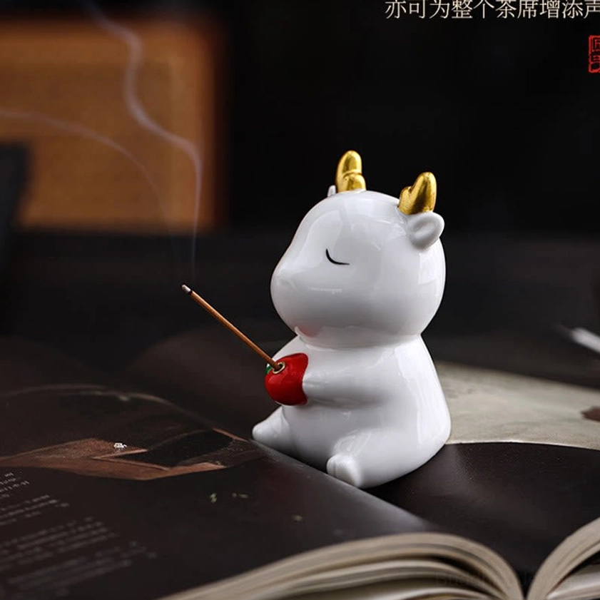 White Deer Incense Burner with Rising Fragrant Smoke - Buddhist Practice Setup