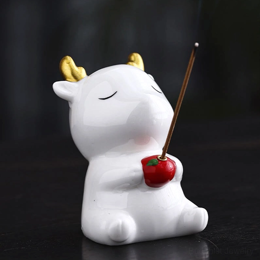Front View White Deer Incense Burner with Red Apple Slot and Burning Incense