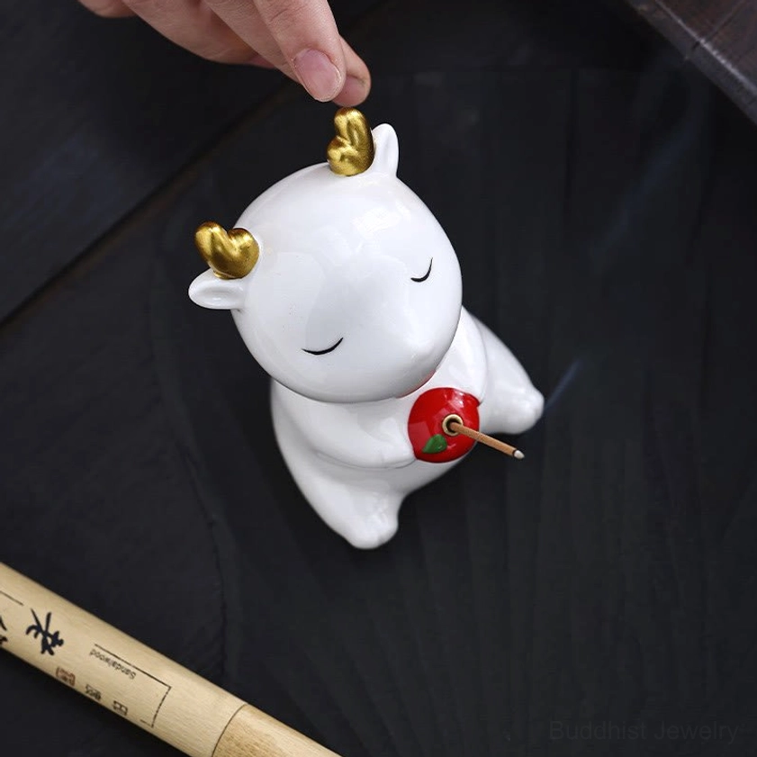 Overhead View of White Ceramic Deer Incense Burner with Golden Detail - Artisan Craftsmanship