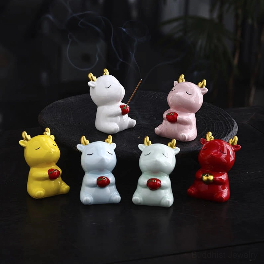 White Ceramic Deer Incense Burner with Golden Antlers - Buddhist Meditation Holder