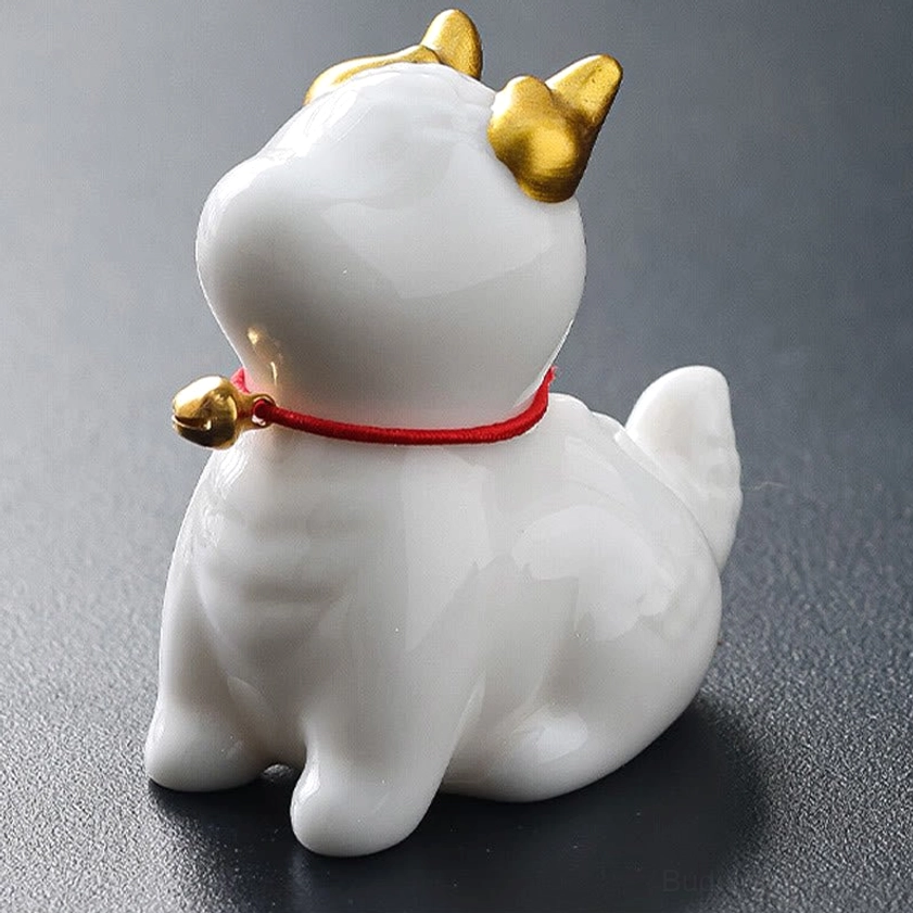 White dragon bell ceramic incense burner compact size with pure glaze and golden bell details