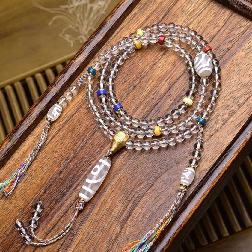 White dzi bead 108-bead Buddhist prayer mala with protective amulet 6mm beads