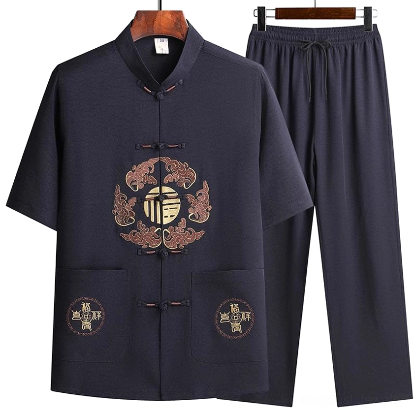 White Fu Character Tang Suit complete two-piece set - premium polyester material