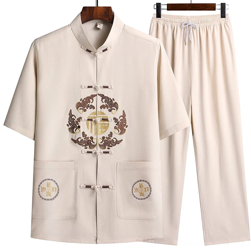 White Fu Character Tang Suit front view detail - embroidery and button design showcase