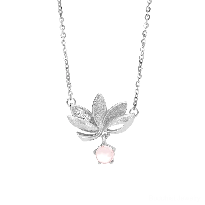 925 sterling silver white gold lotus pendant necklace with rose quartz drop on light background