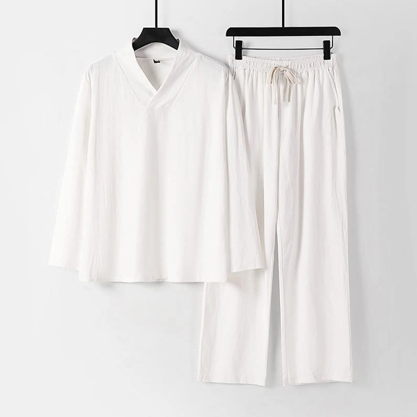 White traditional cross-collar Hanfu cotton linen suit for Tai Chi and meditation