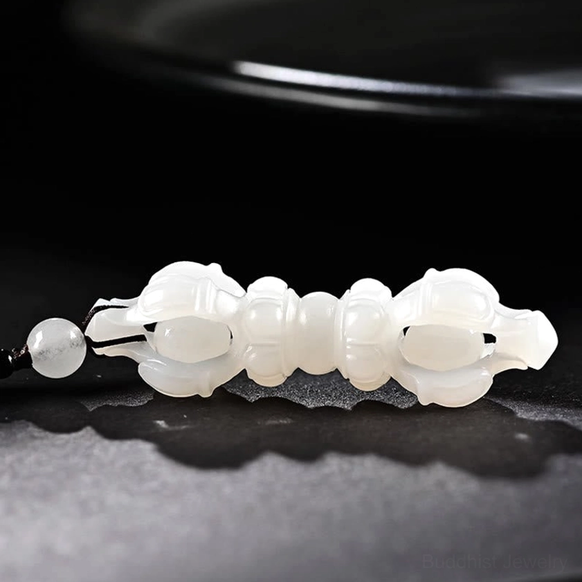 White Hetian jade Dorje Vajra pendant necklace for protection and blessing, polished smooth surface with beaded lanyard