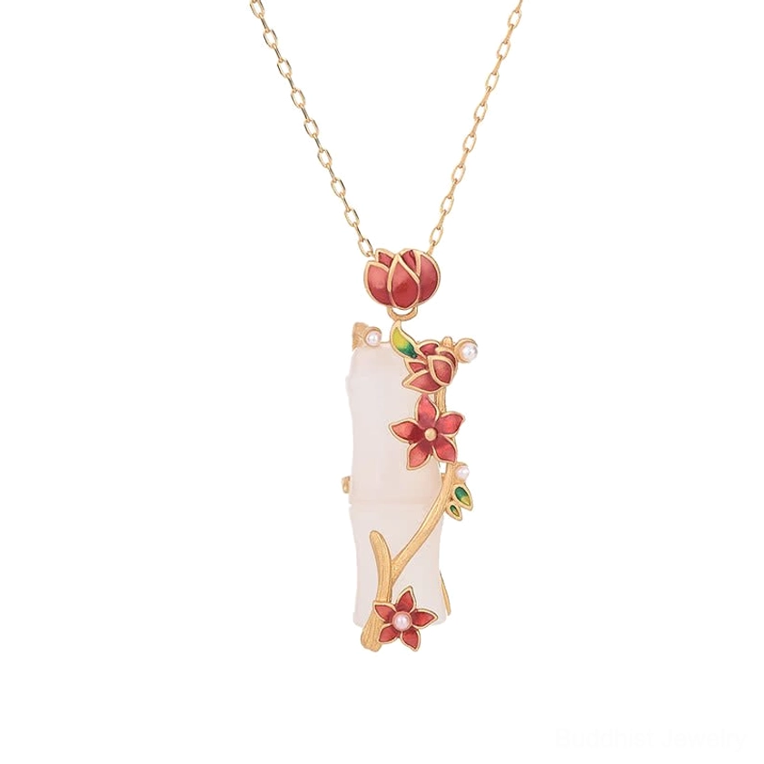 White jade bamboo lotus necklace hanging display on white background, showing full length 45cm chain and red enamel flower decorations, Buddhist protection pendant