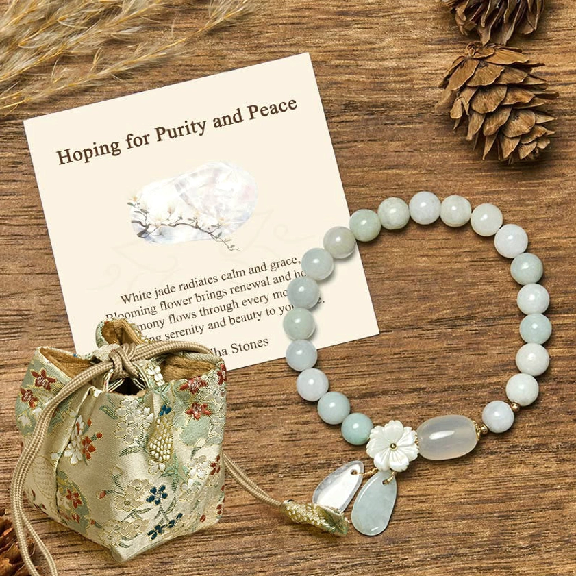 White jade Buddhist bracelet with embroidered pouch and greeting card in deluxe gift presentation