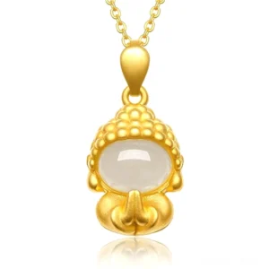 White Jade Buddha pendant with gold-plated frame - front view showing detailed carved Buddha design
