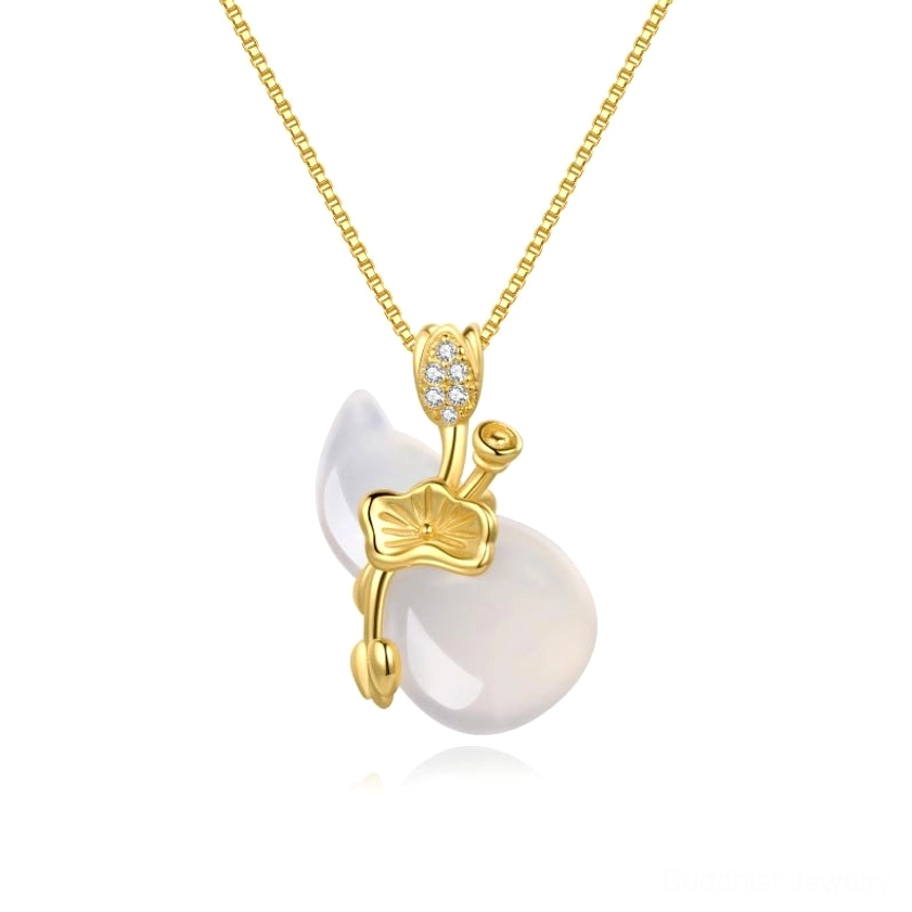 White jade gourd Buddhist pendant necklace front close-up with gold-plated chain and lotus leaf diamond accents
