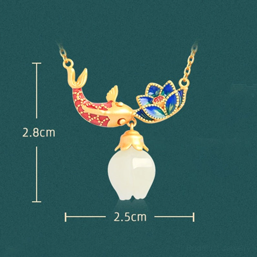 Handcrafted white jade koi fish lotus Buddhist protection necklace with copper alloy hardware and delicate enamel design