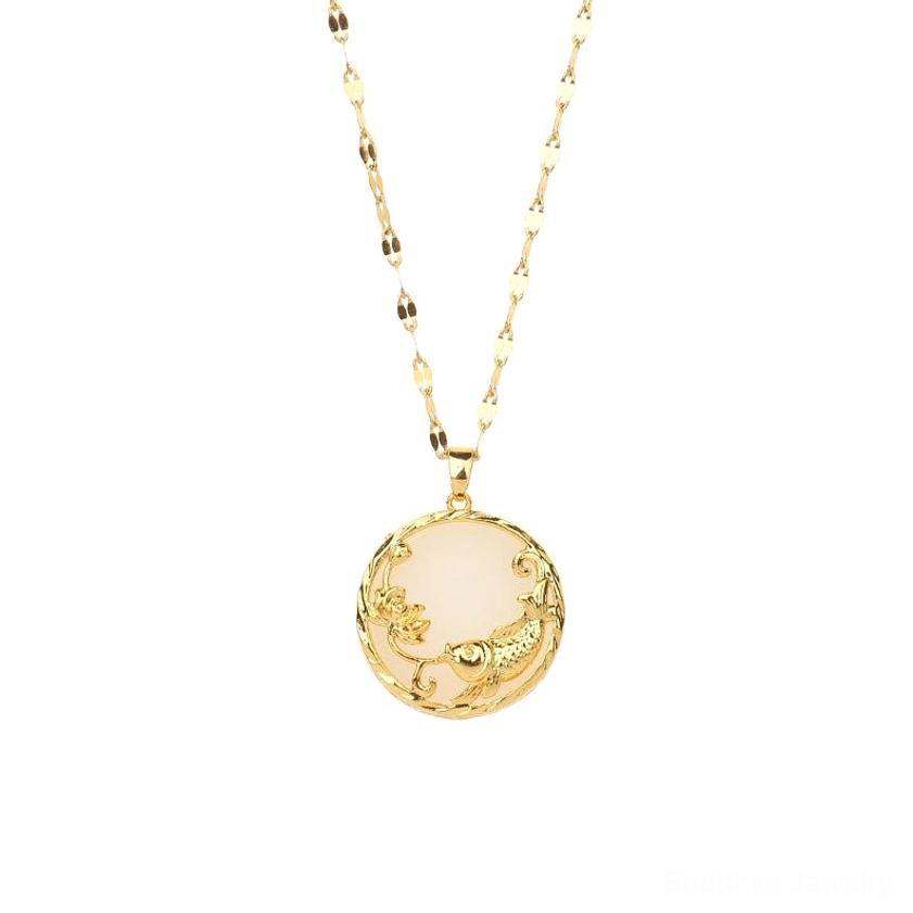 White jade koi fish pendant with gold chain front close-up on light plain background