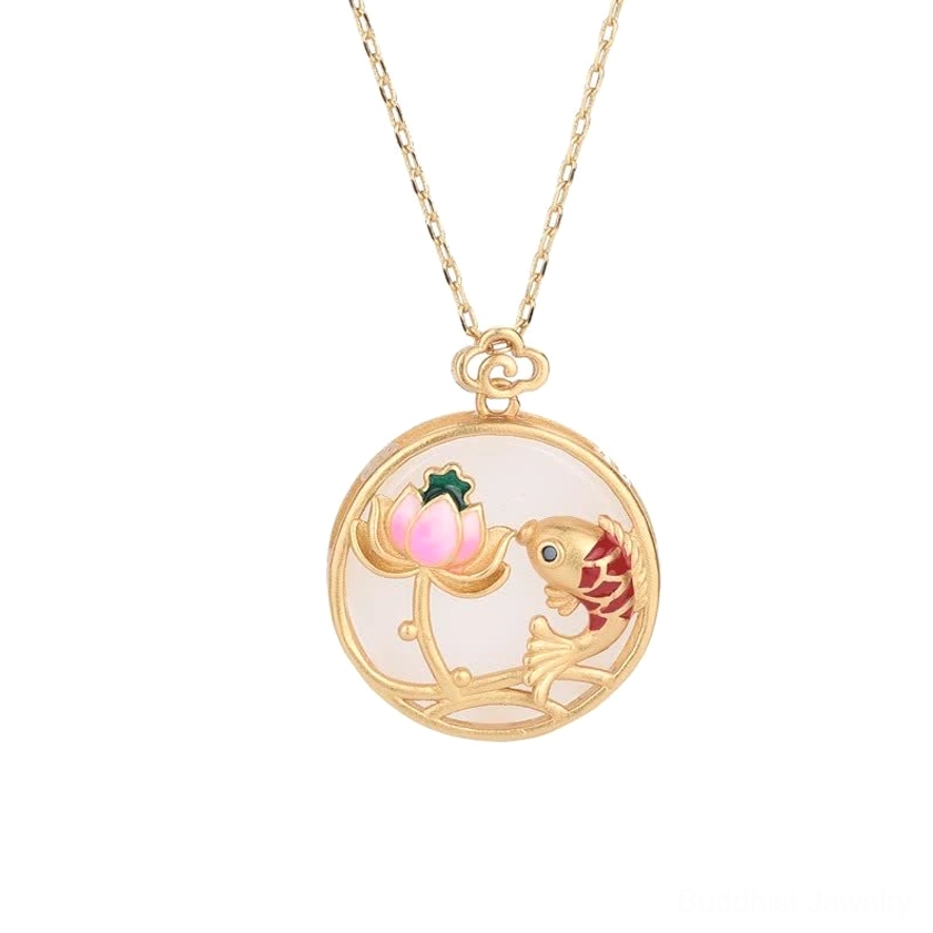 White jade koi fish lotus pendant necklace flat lay showing complete pendant design and chain