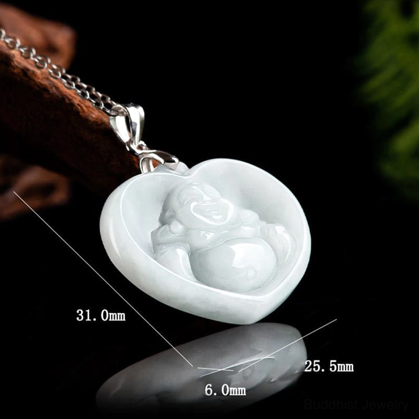 Heart-shaped white jade Buddhist pendant three-quarter view with dimension markers showing size reference