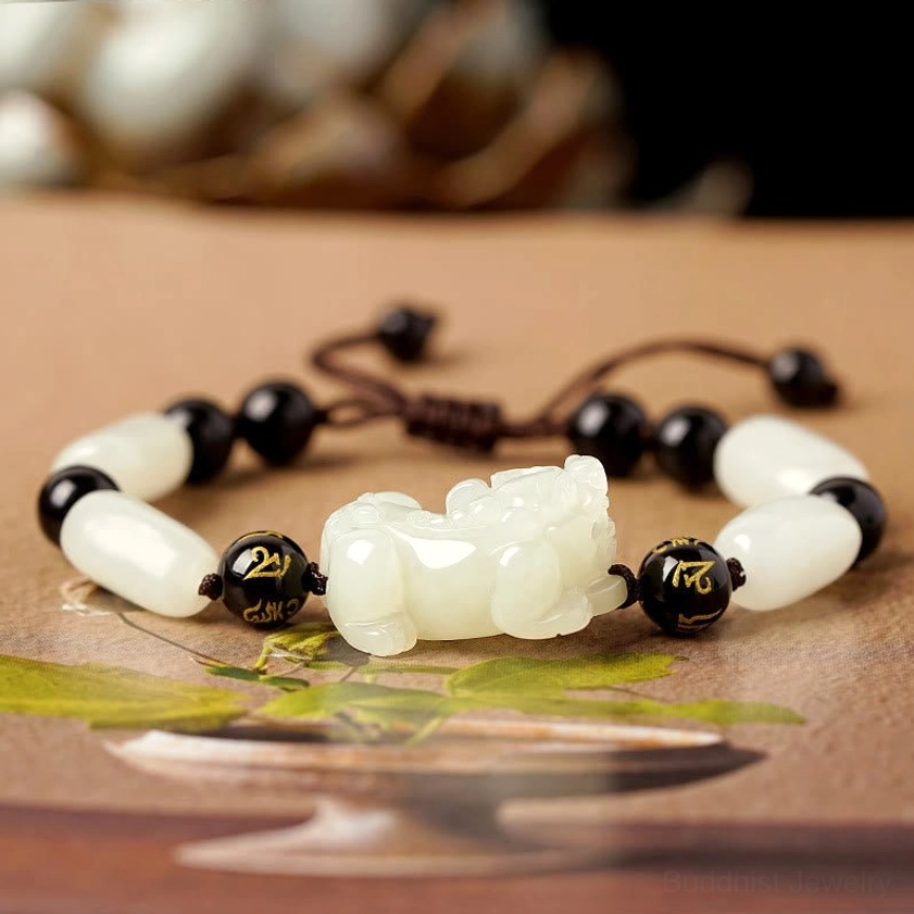 Complete white jade Pixiu bracelet with mixed bead styles and brown cord, front view display