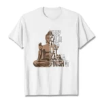 White Buddhist karma graphic tee front flat lay with crew neck and spiritual print design