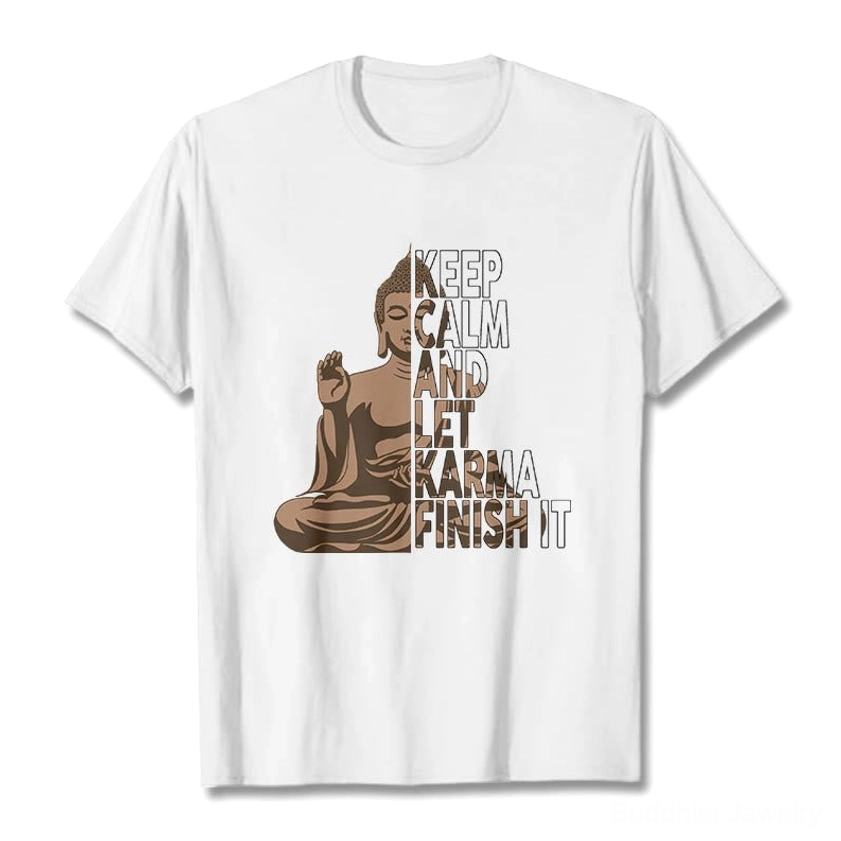 White Buddhist karma graphic tee front flat lay with crew neck and spiritual print design