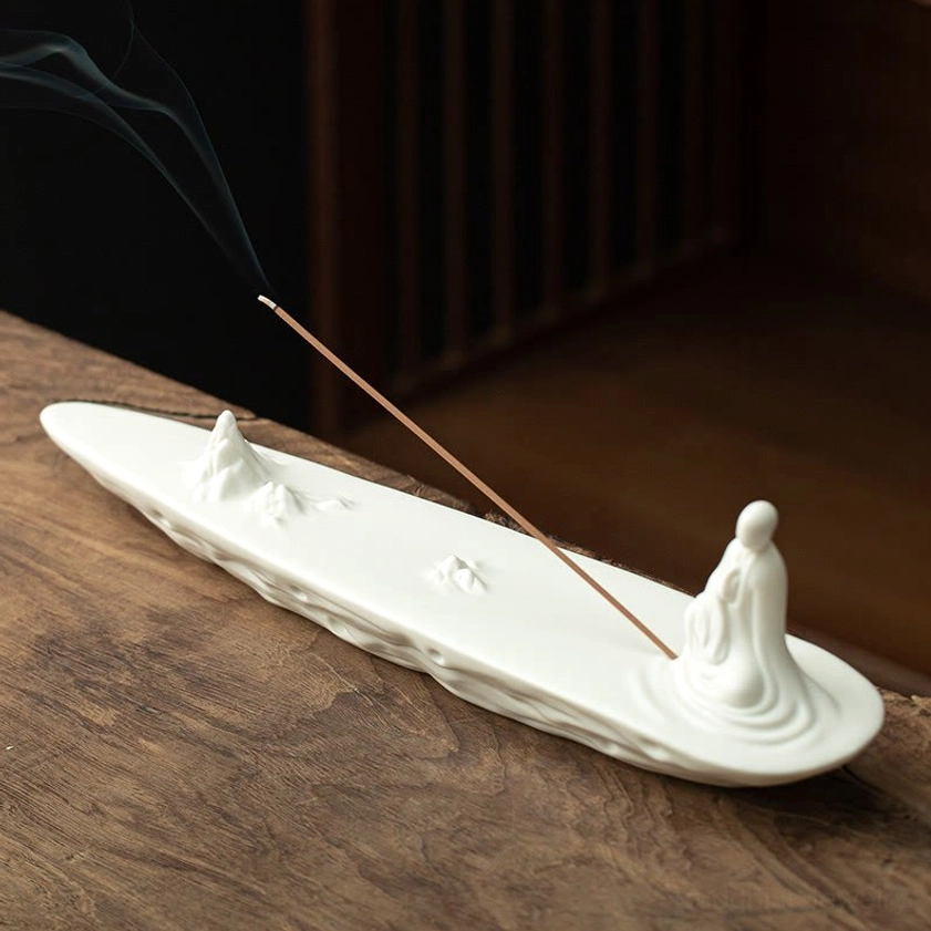 White large size Buddhist ceramic incense burner 32cm with serene monk and wave design