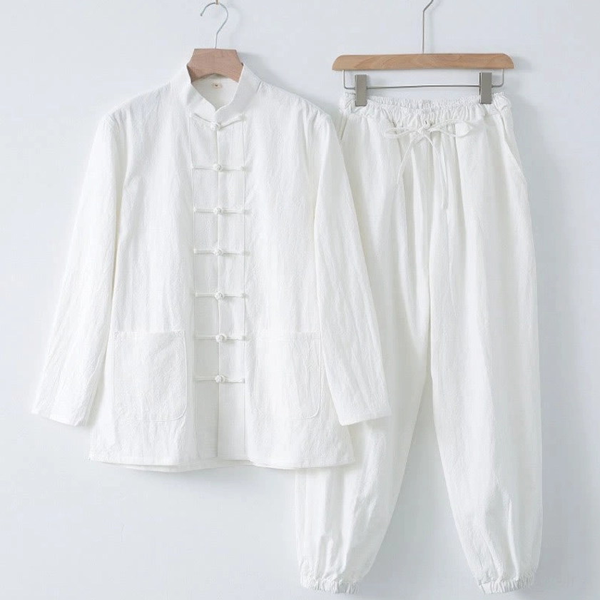 White cotton linen Tang suit for men - relaxed fit with frog button closure and stand collar design