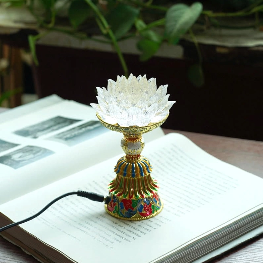 White liuli glass lotus lamp handcrafted with enamel pedestal base