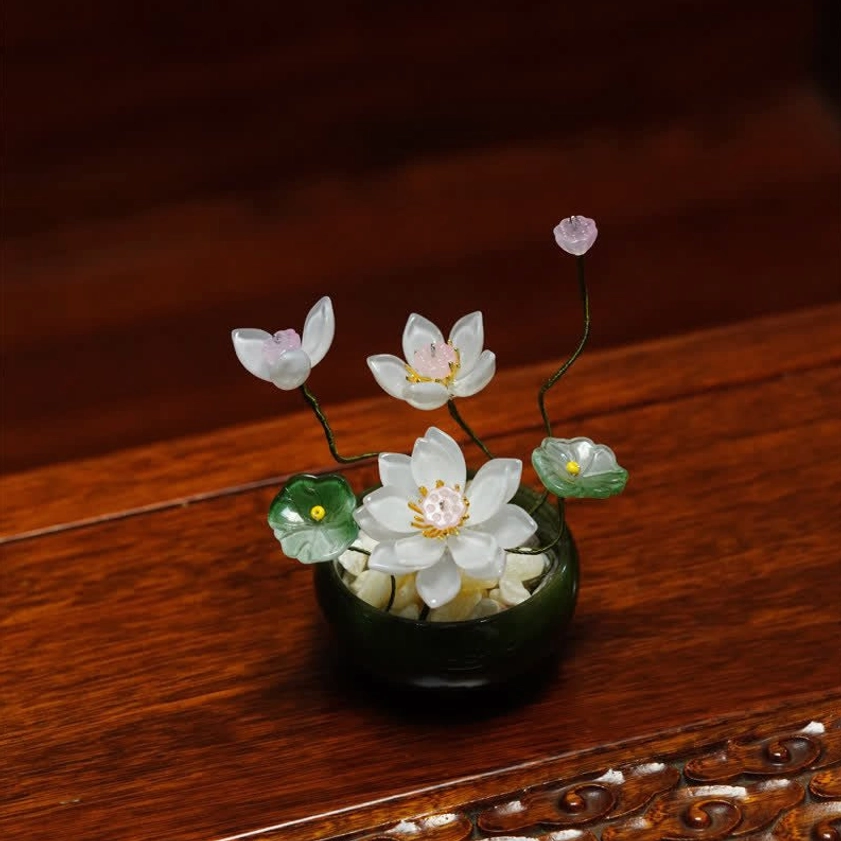 White liuli glass lotus flower pot pure white petals dark green ceramic base handmade decor