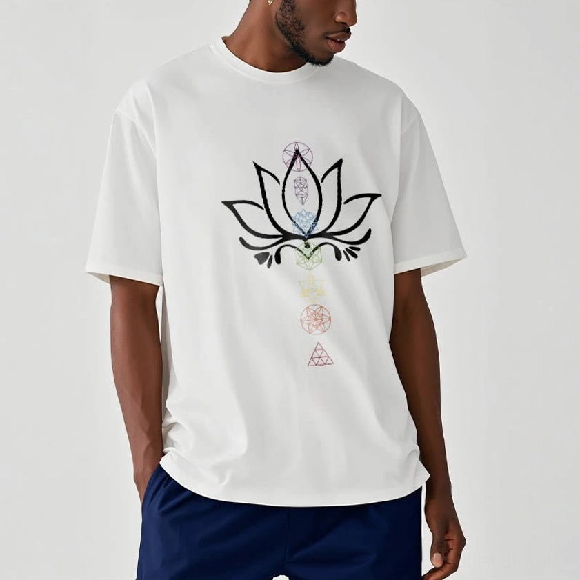 Male model wearing white lotus Buddhist tee with navy blue trousers relaxed fit