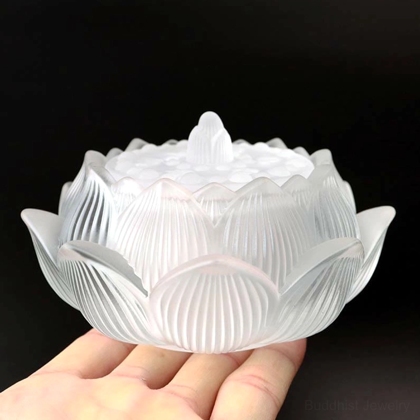 White Lotus crystal incense burner with frosted white glass, vertical petal texture, and lotus bud finial lid