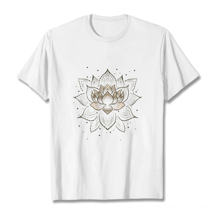 White lotus mandala Buddhist t-shirt front view flat lay, cream cotton fabric with golden graphic print